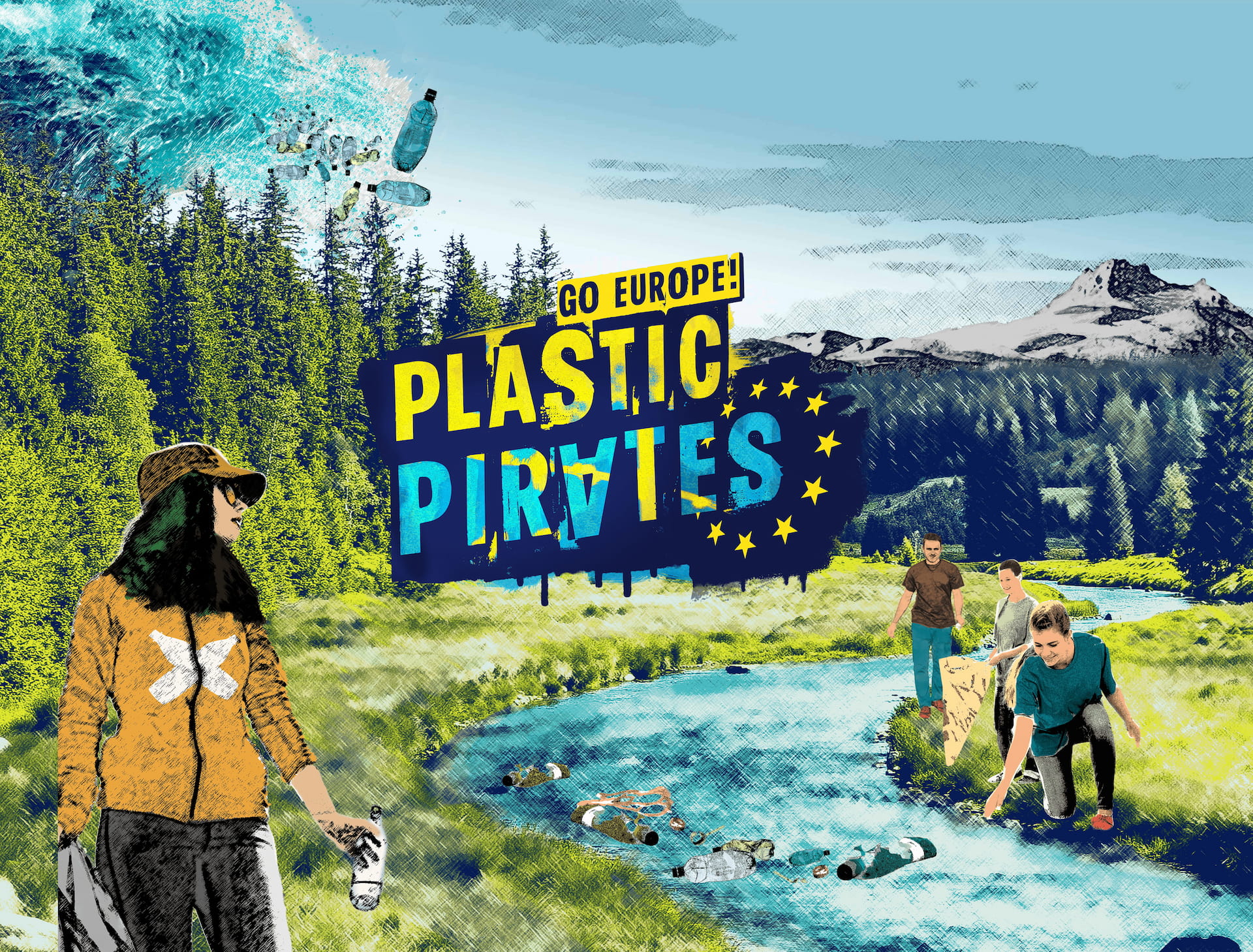 Teenagers collecting plastic waste on riverbank